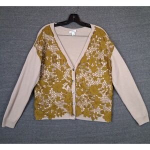 Sundance Womens Sweater Large Beige Green Lace Overlay Cardigan Classic